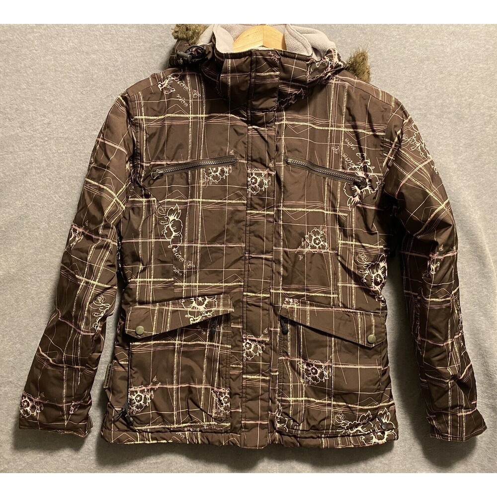 Turbine‎ Snowboard Jacket Girls Large Brown Pink Ski Snow Floral Check Fur Youth
